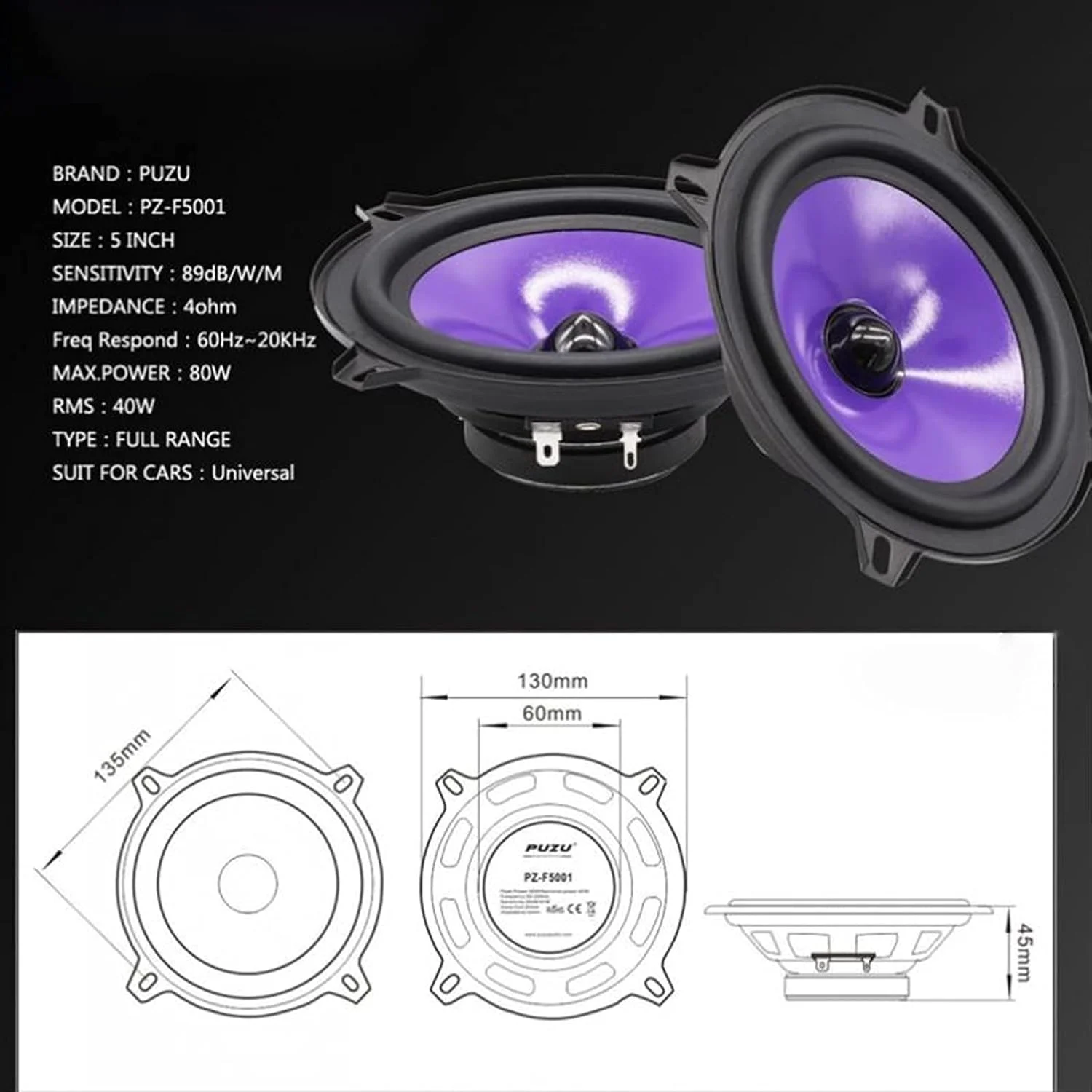 بلندگوی TTGLRT، 2 عدد بلندگوی 5 اینچی 80 واتی با فرکانس کامل، بلندگوی خودرو با بیس سنگین و میان رده، فوق العاده نازک، بلندگوی اصلاح شده با نصب غیر مخرب، بلندگوی قابل حمل