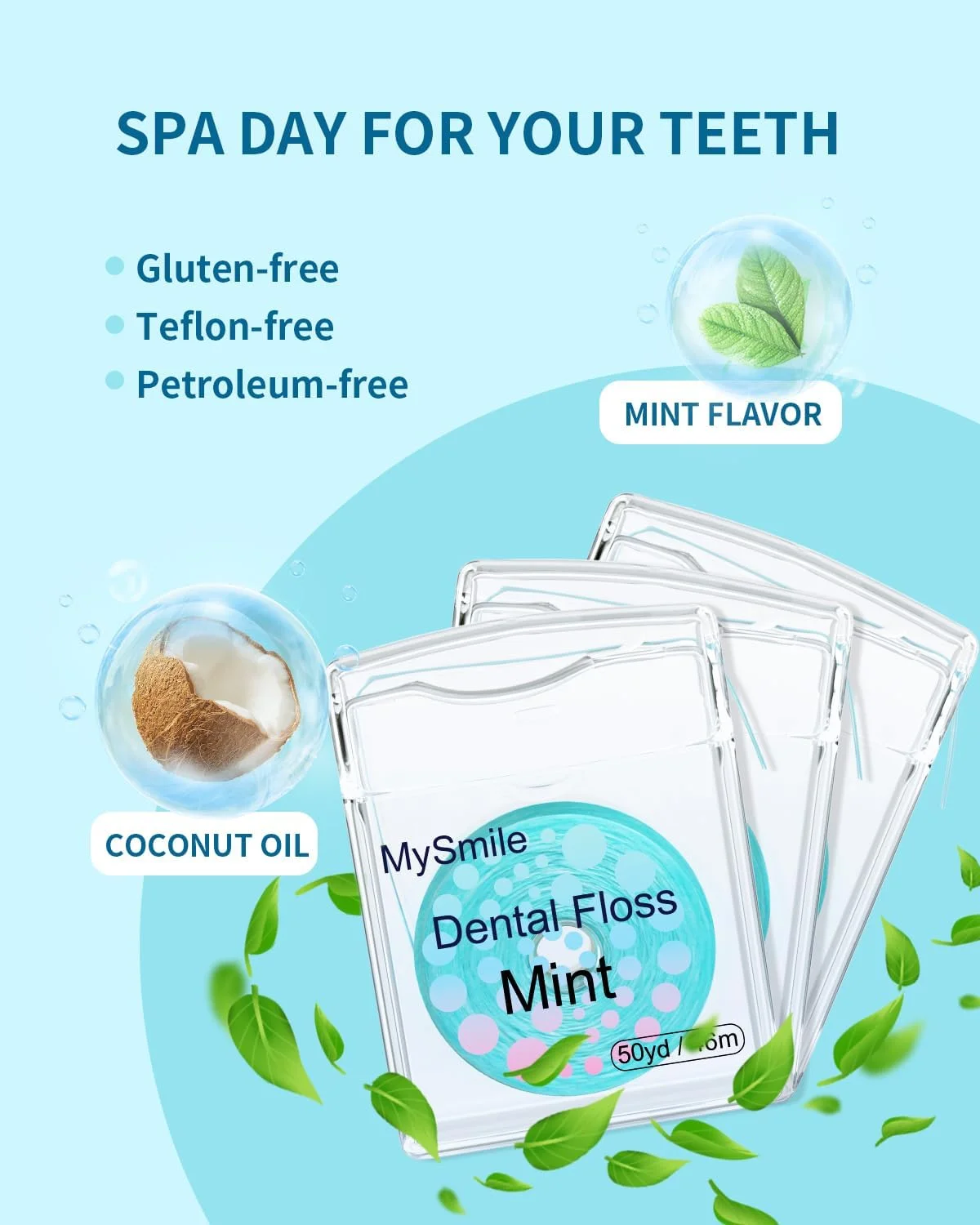 نخ دندان MySmile، نخ دندان بافته شده با روغن نارگیل، نخ دندان منبسط شونده، موم دار، نعناع، نخ دندان برای بزرگسالان و کودکان، وگان و بدون ظلم حیوانی، نخ دندان مسافرتی، 50 یارد، بسته 4 عددی