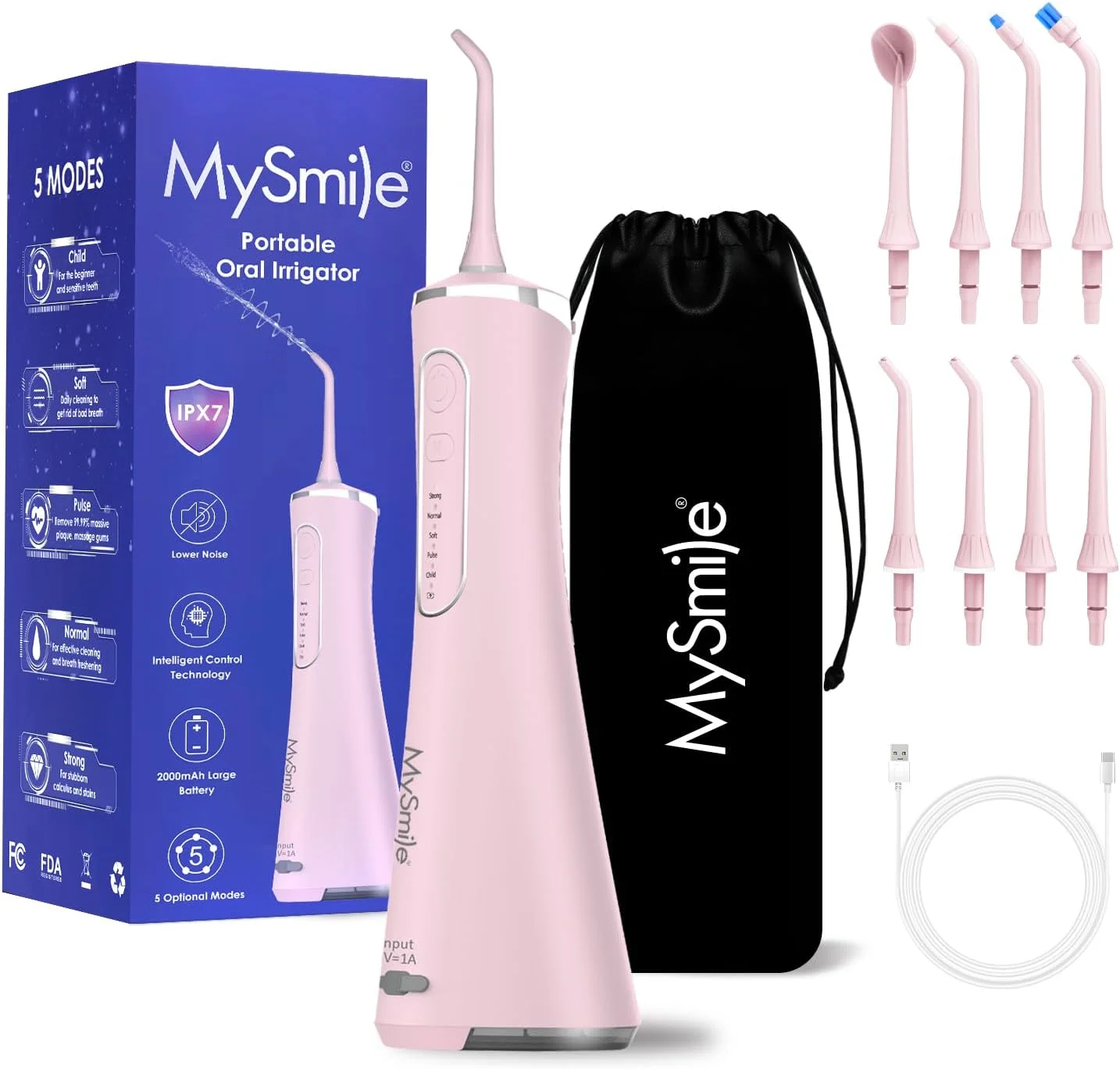نخ دندان آبی MySmile برای دندان، دستگاه آبیاری دهان و دندان بی سیم، 5 حالت تمیز کردن، 8 نازل جت قابل تعویض، ضد آب IPX7، قابل شارژ USB، انتخابگرهای آبی دندان برای تمیز کردن دندان با کیف PU - صورتی