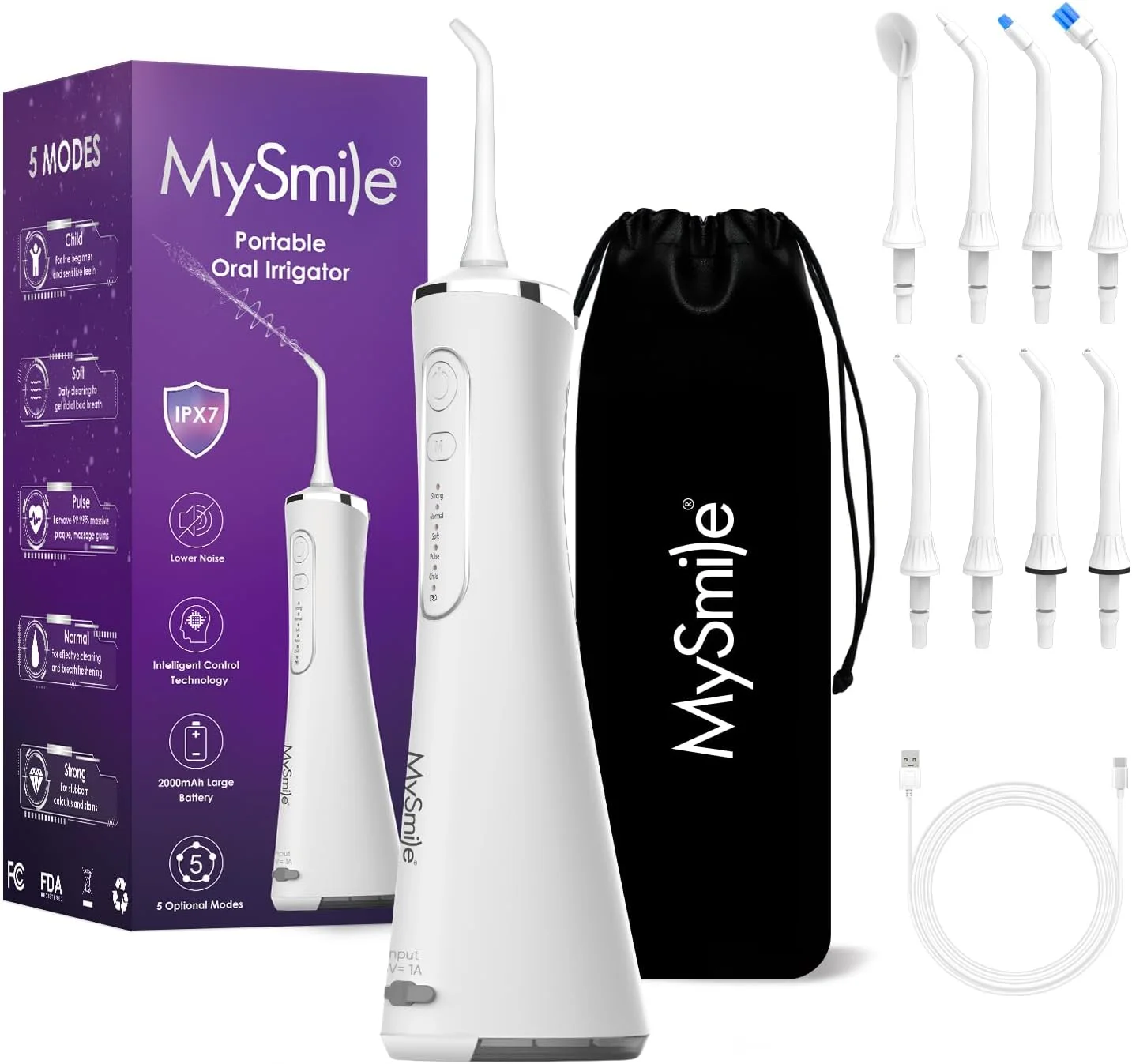 دستگاه نخ دندان آبی پیشرفته بی سیم MySmile LP211 برای دندان ها، دارای 5 حالت تمیز کردن، قابل شارژ، 8 سری قابل تعویض، ضد آب IPX7، به همراه کیف مسافرتی (سفید)
