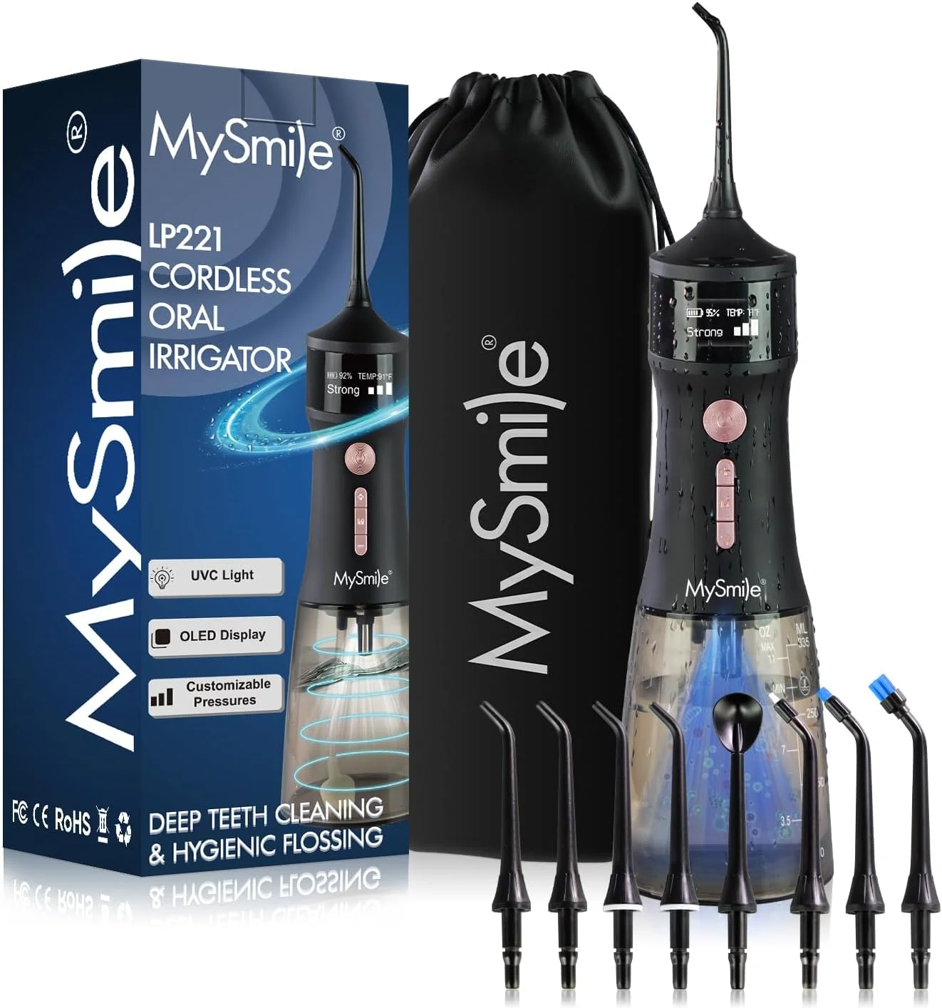 واتر فلاسر بی سیم و استریلایز شونده با UVC مدل MySmile LP221 برای دندان، ظرفیت 335 میلی لیتر، دارای صفحه نمایش OLED قابل حمل، 4 حالت، 8 سری جت و یک کیف نگهداری برای منزل و مسافرت (مشکی نیمه شب)