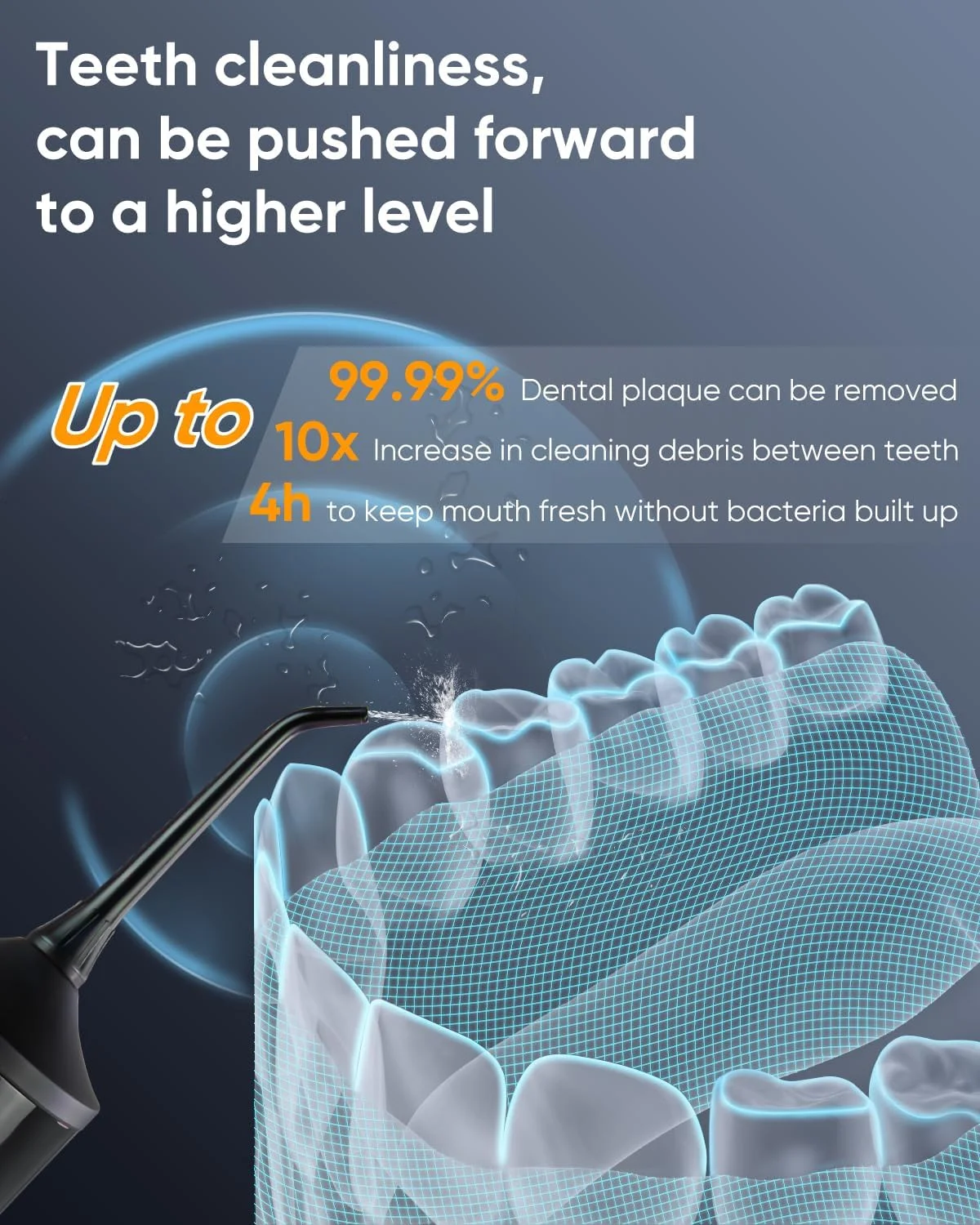 واتر فلاسر بی سیم و استریلایز شونده با UVC مدل MySmile LP221 برای دندان، ظرفیت 335 میلی لیتر، دارای صفحه نمایش OLED قابل حمل، 4 حالت، 8 سری جت و یک کیف نگهداری برای منزل و مسافرت (مشکی نیمه شب)