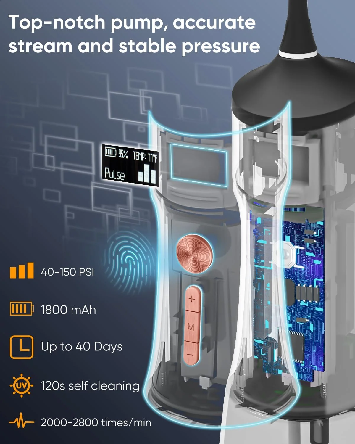 واتر فلاسر بی سیم و استریلایز شونده با UVC مدل MySmile LP221 برای دندان، ظرفیت 335 میلی لیتر، دارای صفحه نمایش OLED قابل حمل، 4 حالت، 8 سری جت و یک کیف نگهداری برای منزل و مسافرت (مشکی نیمه شب)