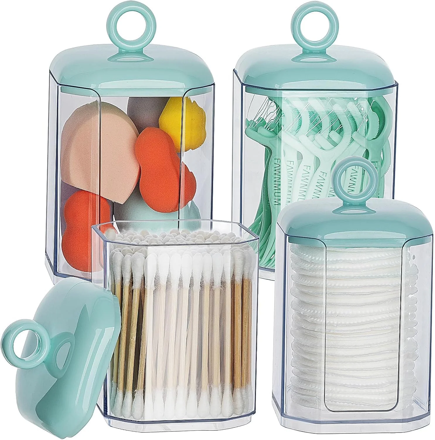 ست ۴ عددی جا شیشه ای شفاف با درب، ست نظم دهنده حمام برای گوش پاک کن، پد آرایشی، نخ دندان و توپک های پنبه ای، ظروف پلاستیکی نگهداری لوازم آرایشی برای لوازم ضروری حمام