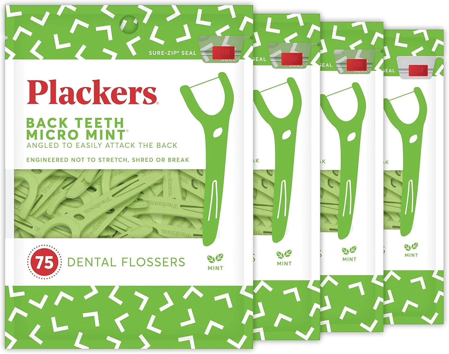 نخ دندان کمانی پلاکرز با طعم نعناع، دسترسی آسان به دندان های عقبی، دارای خلال دندان محافظت شده، نگهداری آسان، 75 عدد در بسته 4 عددی