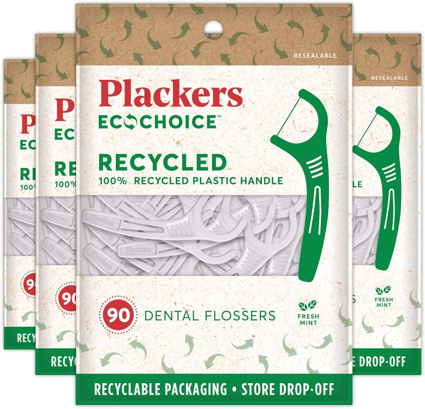 نخ دندان پلاکزر EcoChoice با طعم نعناع تازه، دسته با طراحی ارگونومیک، دارای خلال دندان، ساخته شده از پلاستیک بازیافتی 100% مناسب مواد غذایی، 360 عدد (بسته 4 عددی)