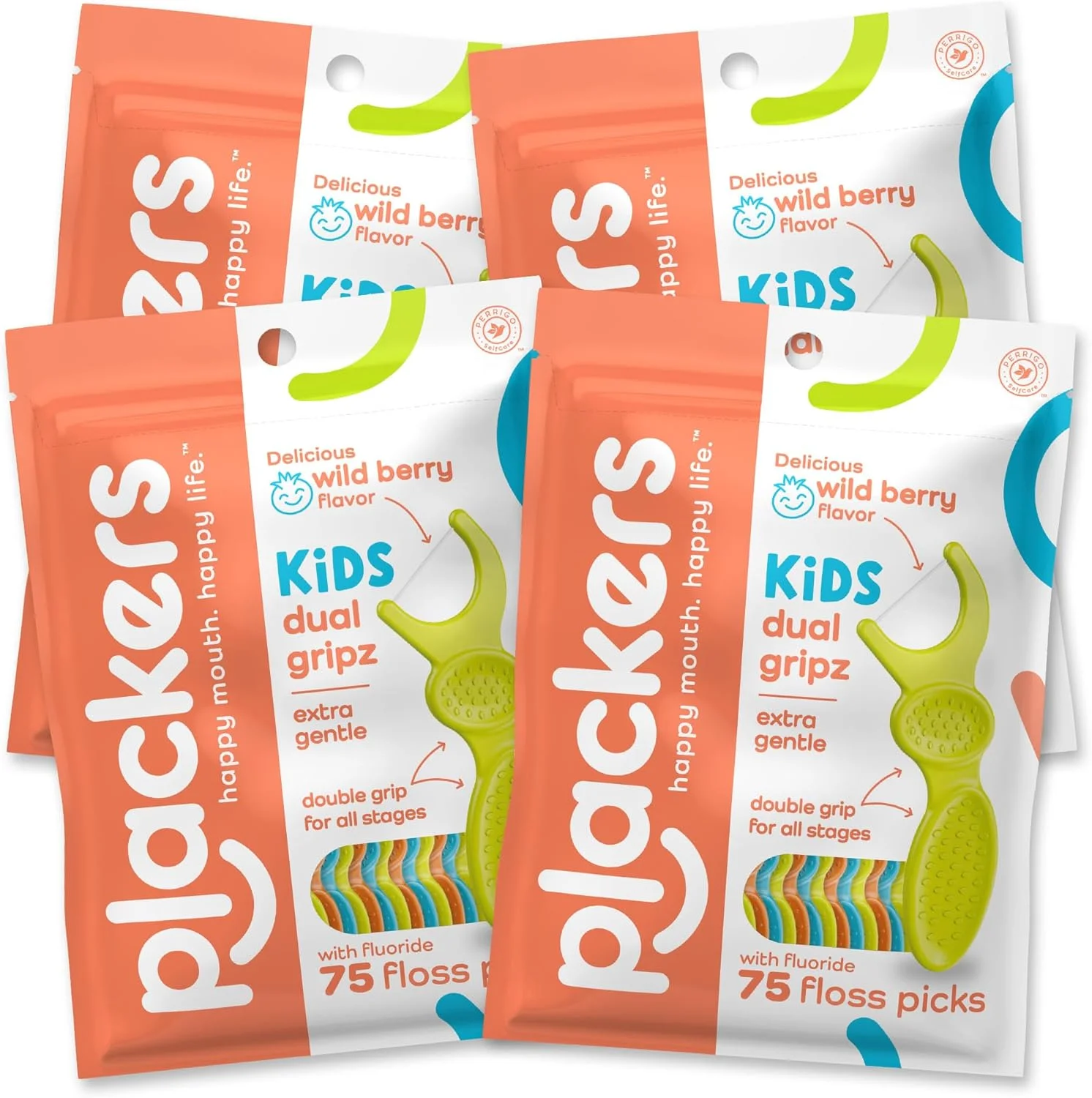 پلاکِرْز دندان پاک کن مخصوص کودکان با دسته دوگانه، طعم توت وحشی، دندان پاک کن های رنگارنگ برای کودکان در تمام سنین، 75 عدد (بسته 4 عددی)
