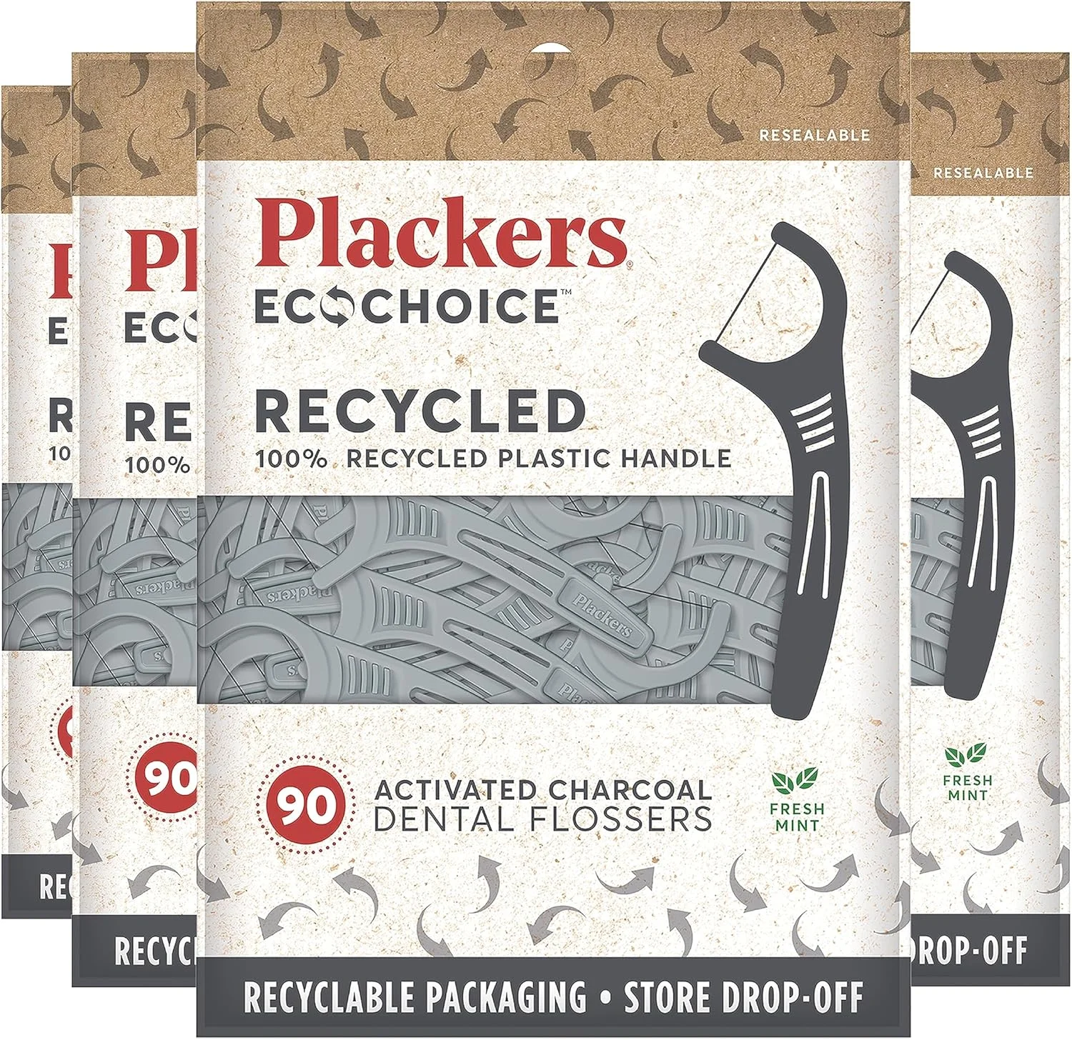 نخ دندان کمانی پلاکرز اکوچویس با کربن فعال و پلاستیک بازیافتی، 90 عدد