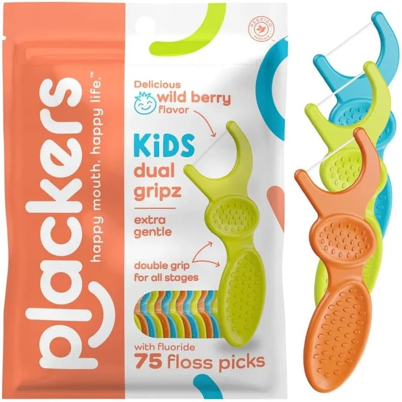 پلاکرز، نخ دندان بچه گانه Dual Gripz، حاوی فلوراید، با طعم اسموتی میوه، 75 عدد پلاکرز، نخ دندان بچه گانه Dual Gripz، حاوی فلوراید، با طعم اسموتی میوه، 75 عدد
