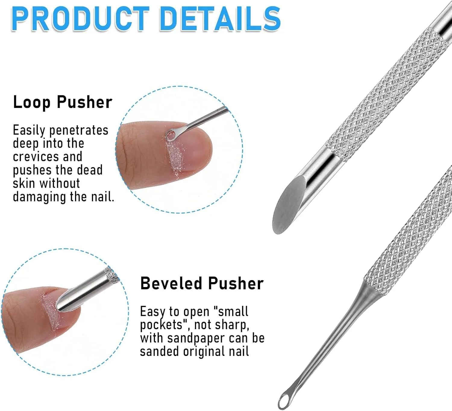 ابزار عقب راننده کوتیکول ناخن، از جنس استیل ضد زنگ، دو سر، همراه با ورق های سمباده 100/180 گریت برای مانیکور، پدیکور و طراحی ناخن