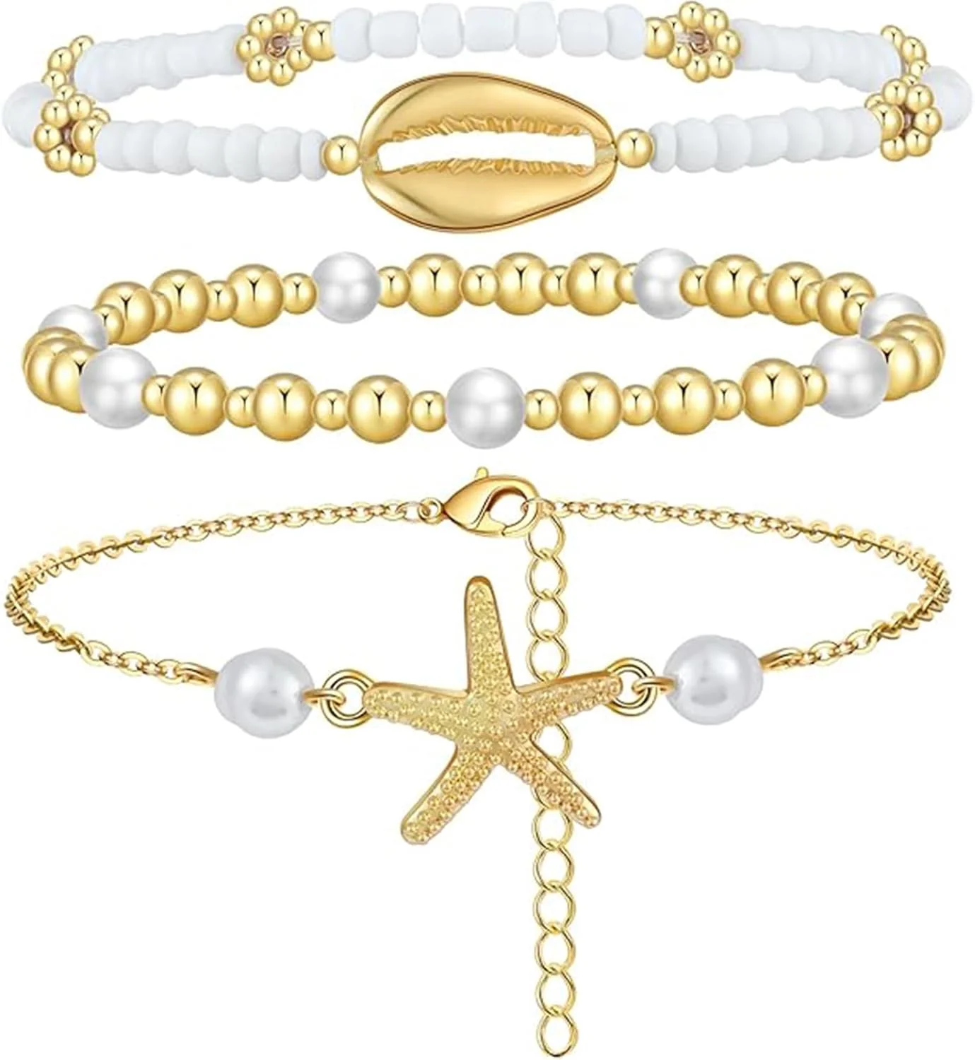 Tazweeq پابند زنانه، طراحی مهره‌ای قابل تنظیم، ستاره دریایی و مروارید، جواهرات سبک بوهو، ایده‌آل برای تعطیلات ساحلی