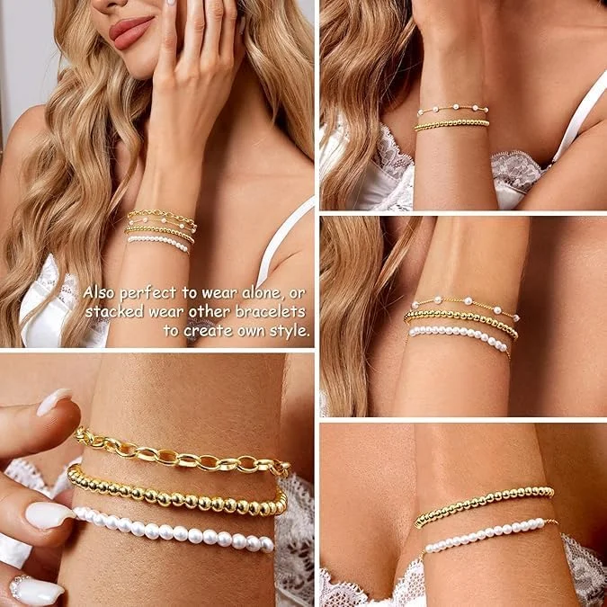 ست دستبند مرواریدی با روکش طلایی تزویق، زنجیر پیوندی لایه ای و دستبندهای مهره ای استک برای زنان، جواهرات مینیمالیستی مد روز برای استفاده روزانه، آماده هدیه ست دستبند مرواریدی با روکش طلایی تزویق، زنجیر پیوندی لایه ای و دستبندهای مهره ای استک برای زنان، جواهرات مینیمالیستی مد روز برای استفاده روزانه، آماده هدیه