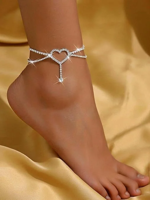 خلخال نقره ای تزویق زنانه، خلخال قلبی آویز نگین دار قابل تنظیم، نگین الماس نقره ای ضد آب برای زنان خلخال نقره ای تزویق زنانه، خلخال قلبی آویز نگین دار قابل تنظیم، نگین الماس نقره ای ضد آب برای زنان