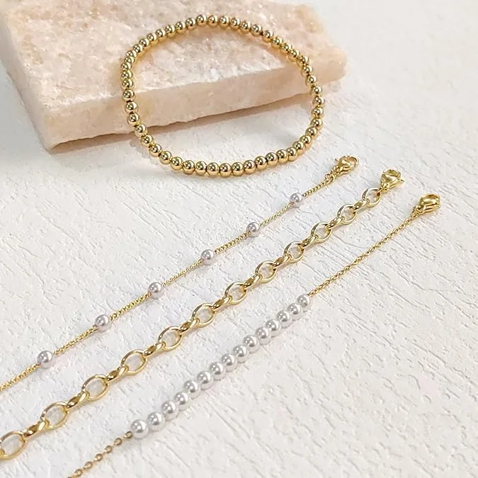 ست دستبند مرواریدی با روکش طلایی تزویق، زنجیر پیوندی لایه ای و دستبندهای مهره ای استک برای زنان، جواهرات مینیمالیستی مد روز برای استفاده روزانه، آماده هدیه ست دستبند مرواریدی با روکش طلایی تزویق، زنجیر پیوندی لایه ای و دستبندهای مهره ای استک برای زنان، جواهرات مینیمالیستی مد روز برای استفاده روزانه، آماده هدیه