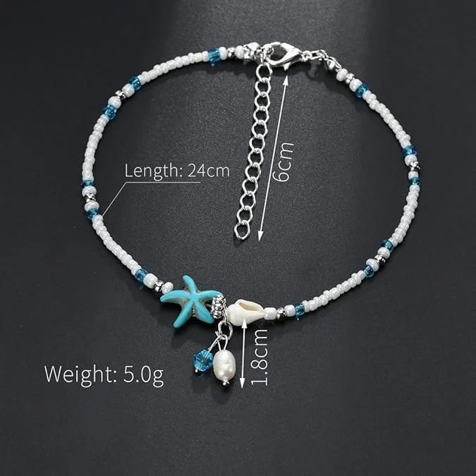 خلخال لاک پشتی ستاره دریایی آبی تزویق، دستبند چند لایه مهره ای، جواهرات پا بوهمی دست ساز برای زنان، صدف های حلزونی، جواهرات ساحلی هاوایی قابل تنظیم