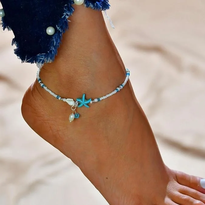 خلخال لاک پشتی ستاره دریایی آبی تزویق، دستبند چند لایه مهره ای، جواهرات پا بوهمی دست ساز برای زنان، صدف های حلزونی، جواهرات ساحلی هاوایی قابل تنظیم