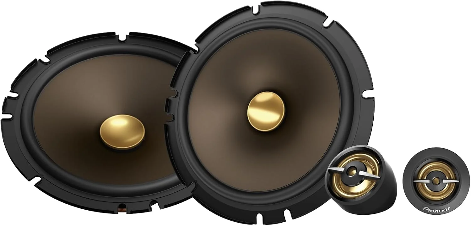 بلندگوهای کامپوننت دو طرفه خودرو پایونیر سری A مدل MAX TS-A653CH، فول رنج، کیفیت صدای شفاف، نصب آسان و پاسخ باس بهبود یافته، بلندگوهای گرد 6.5 اینچی تمام طلایی