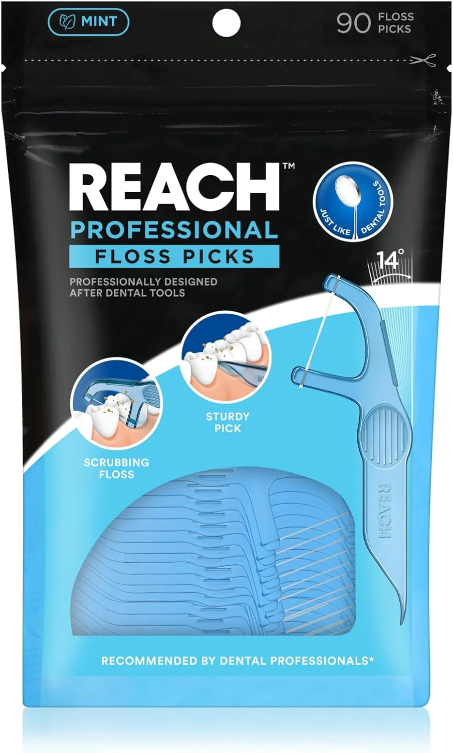 نخ دندان کمانی REACH | زاویه حاد برای دسترسی بهتر | طراحی دندانه دار برای گرفتن بهتر، بدون PFAS | 90 عدد، طعم نعناع