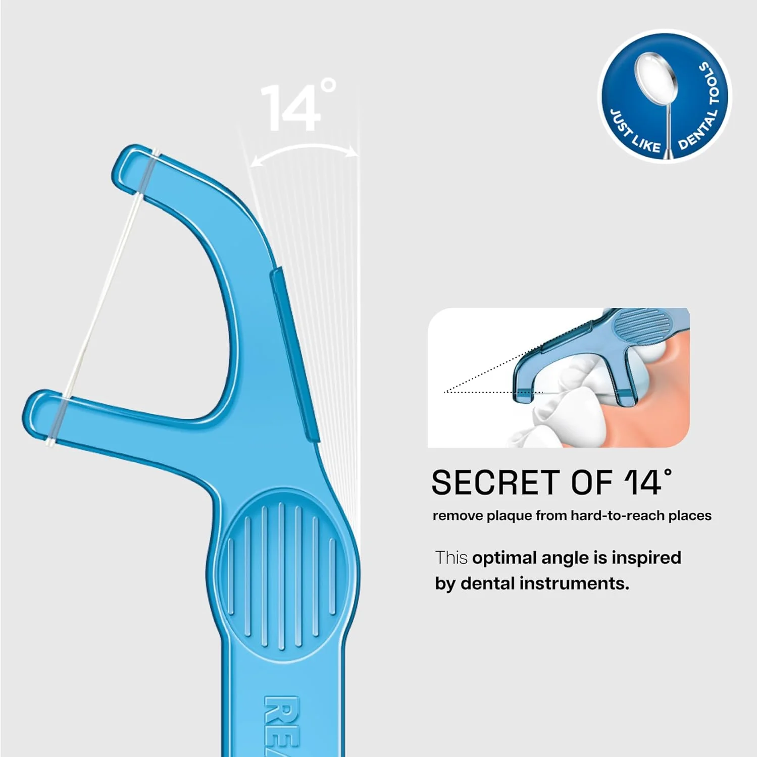 نخ دندان کمانی REACH | زاویه حاد برای دسترسی بهتر | طراحی دندانه دار برای گرفتن بهتر، بدون PFAS | 90 عدد، طعم نعناع