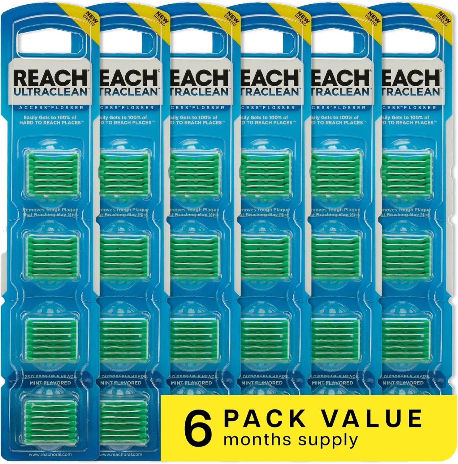 سری یدک نخ دندان کمانی ریچ Ultra Clean، نعنایی، از بین برنده پلاک دندان، مقاوم در برابر ریش ریش شدن، برای نواحی دور از دسترس، مراقبت از دهان، بدون PFAS، برای بزرگسالان و کودکان، بسته 6 عددی، 28 عدد