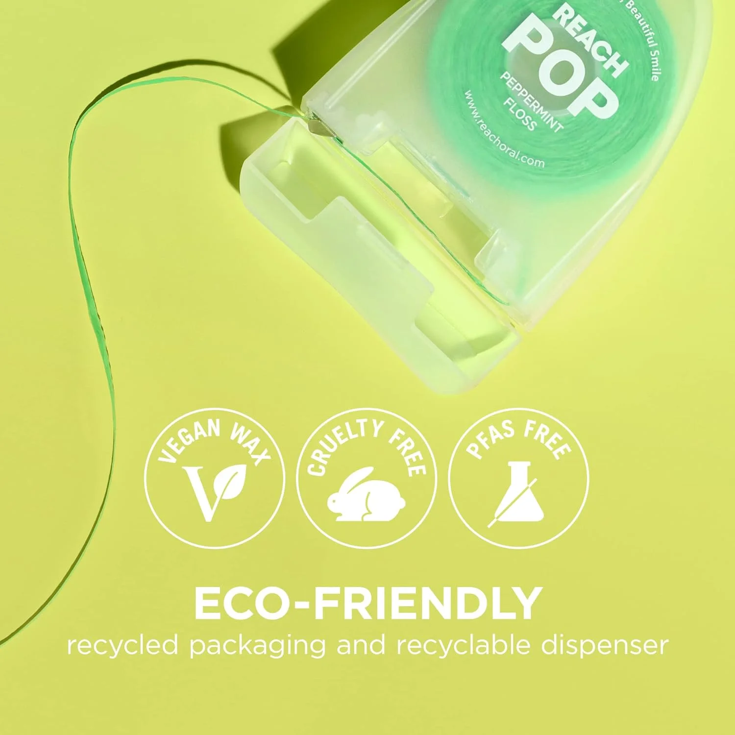 نخ دندان REACH POP | بسته بندی سازگار با محیط زیست | موم گیاهی و بدون PFAS | دوام و مقاومت در برابر ریش ریش شدن | به آرامی و به آسانی سر می خورد | حذف موثر پلاک | نخ دندان سبز رنگ | نعناع فلفلی، 54.7 یارد