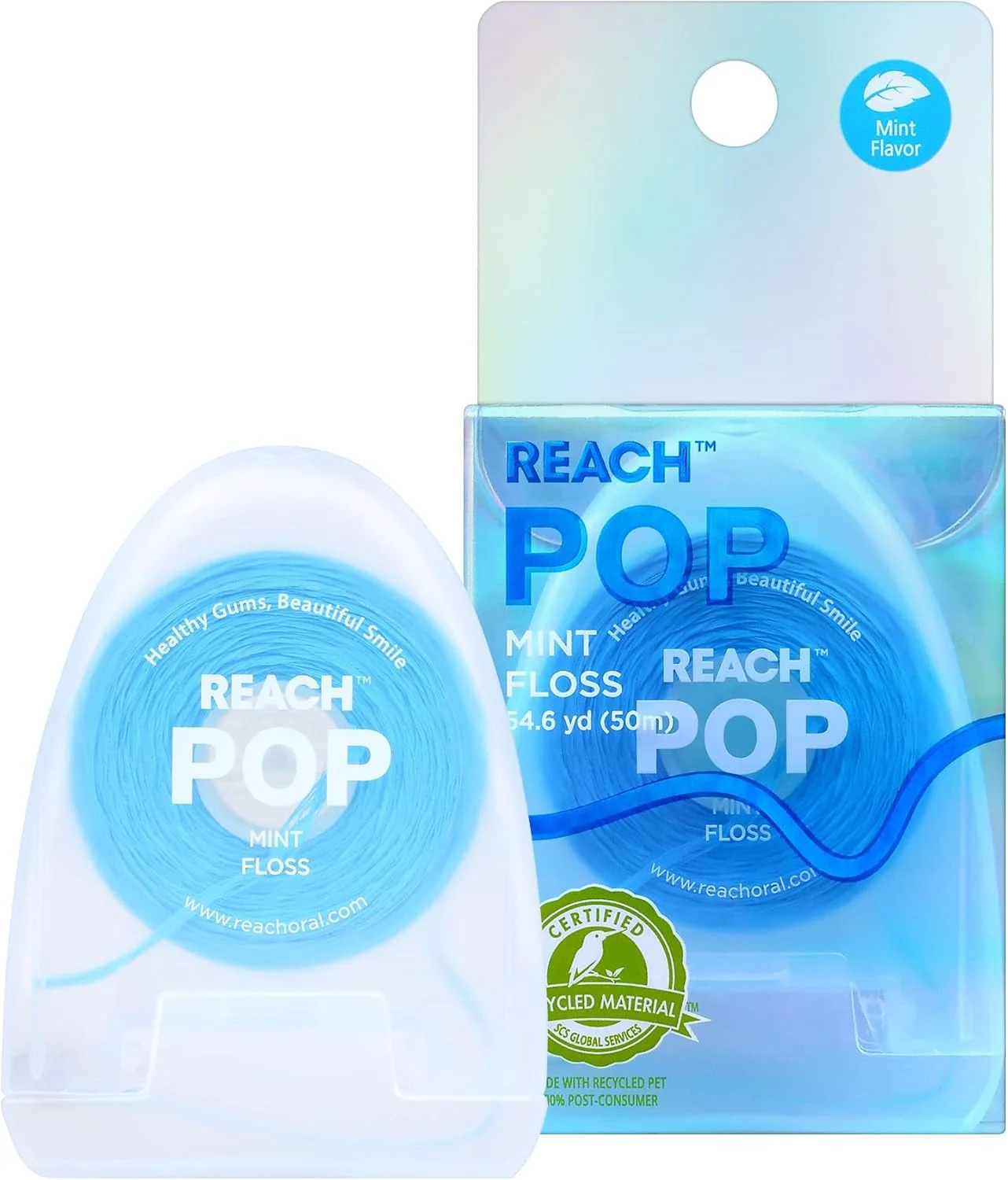 نخ دندان REACH POP | بسته بندی سازگار با محیط زیست | موم گیاهی و بدون PFAS | دوام و مقاومت در برابر ریش ریش شدن | به آرامی و به آسانی سر می خورد | حذف موثر پلاک | نخ دندان آبی رنگ | نعناع فلفلی، 54.7 یارد