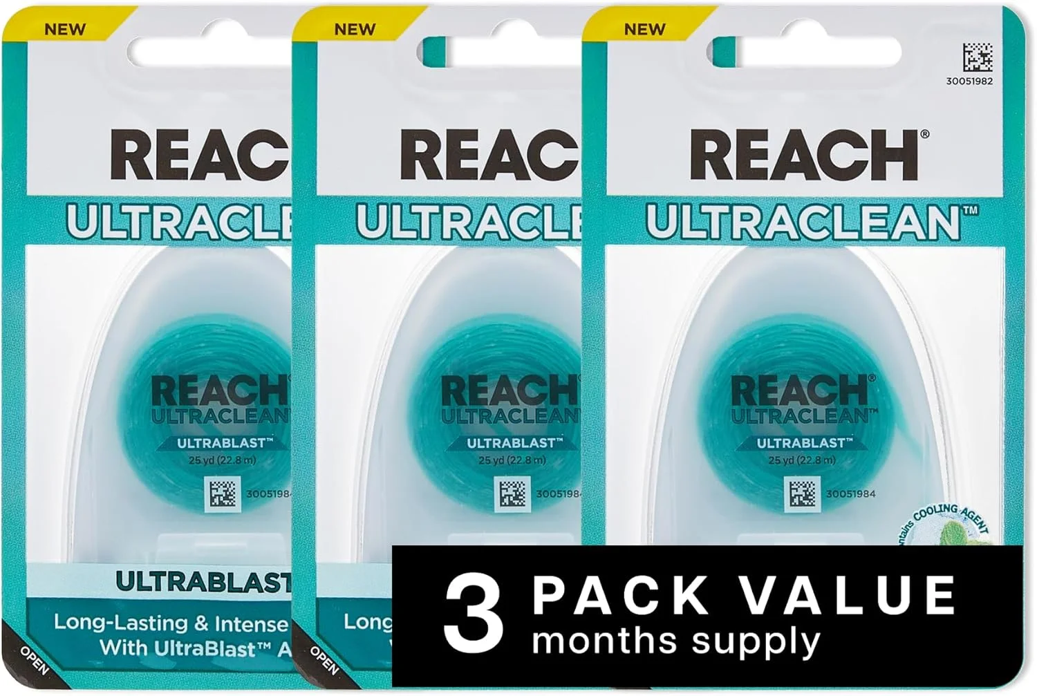 نخ دندان نعنایی ریچ ULTRACLEAN ULTRABLAST، پاک کننده پلاک دندان، مقاوم در برابر ریش ریش شدن، موم دار، ملایم برای لثه و دندان، خوشبو کننده دهان، مراقبت از دهان، بدون PFAS، برای بزرگسالان و کودکان، بسته 3 عددی، 23 متر