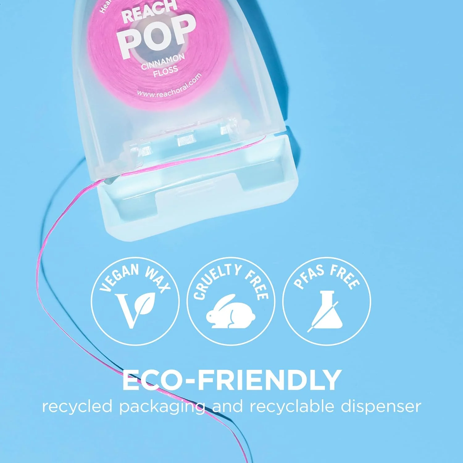 نخ دندان REACH POP | بسته بندی سازگار با محیط زیست | موم گیاهی و بدون PFAS | دوام و مقاومت در برابر ریش ریش شدن | به آرامی و به آسانی سر می خورد | حذف موثر پلاک | نخ دندان صورتی رنگ | دارچین، 50 متر