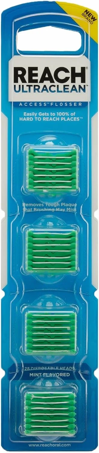 سری یدک نخ دندان کمانی REACH Ultraclean Access، نعنایی، پاک کننده پلاک دندان، مقاوم در برابر ریش ریش شدن، برای نواحی دور از دسترس، مراقبت از دهان، بدون PFAS، برای بزرگسالان و کودکان، 1 بسته، 28 عدد