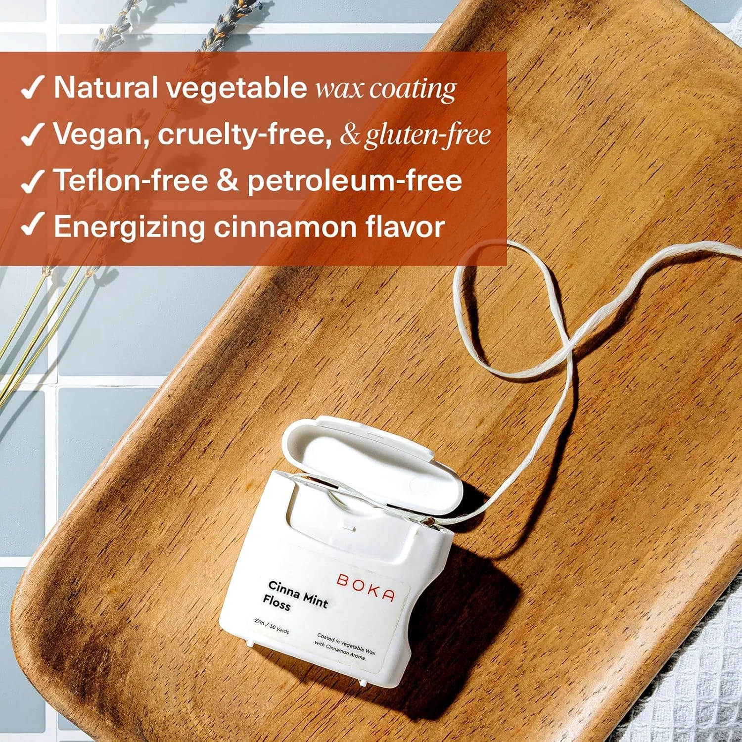 نخ دندان بافته شده نعنا دار بوکا سینا، ساخته شده از موم گیاهی طبیعی، بدون تفلون و بدون نفت، 30 یارد نخ دندان مومی (بسته 1 عددی)