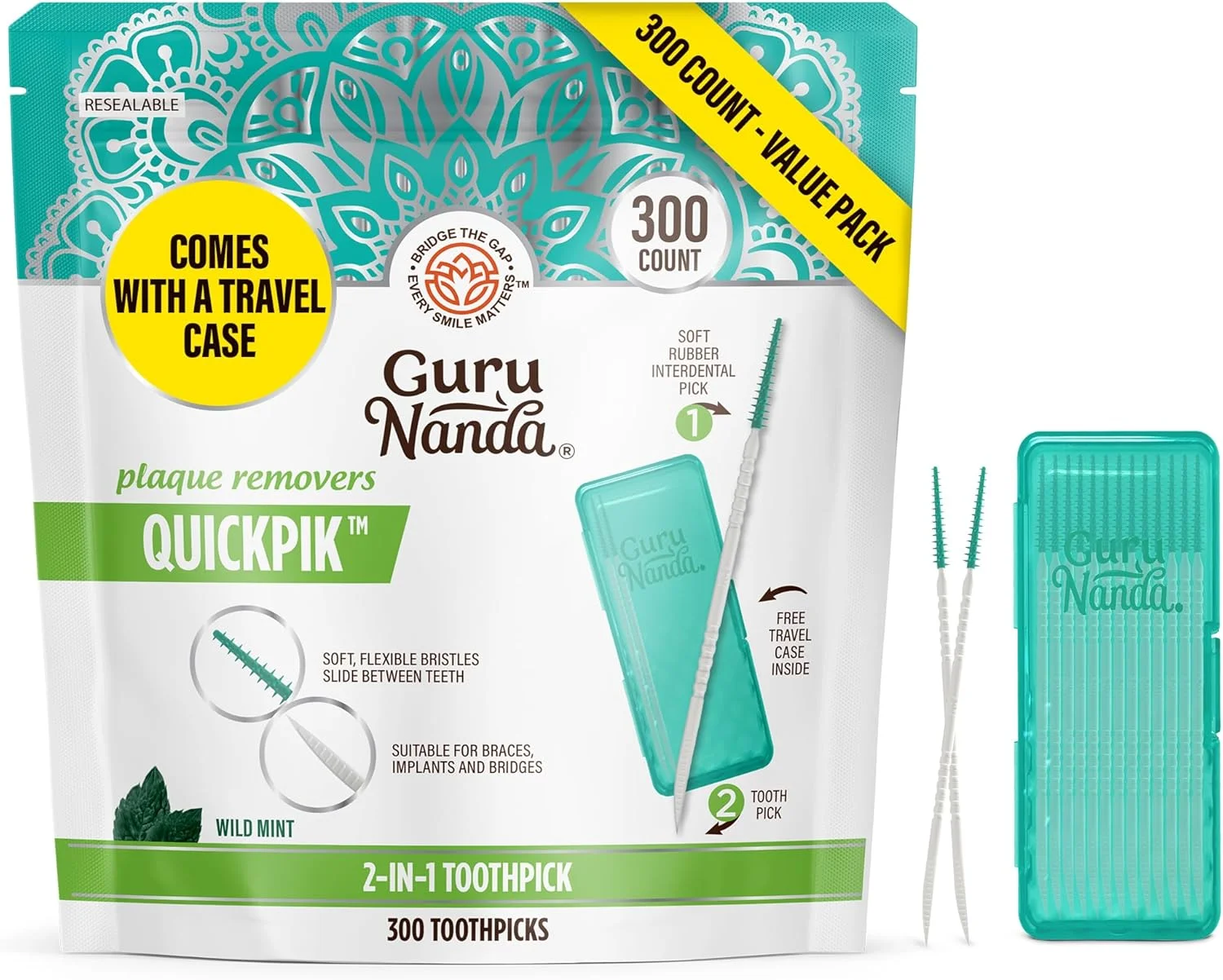 خلال دندان 2 در 1 GuruNanda QuickPik با برس بین دندانی - 300 عدد - از بین برنده پلاک - جعبه مسافرتی