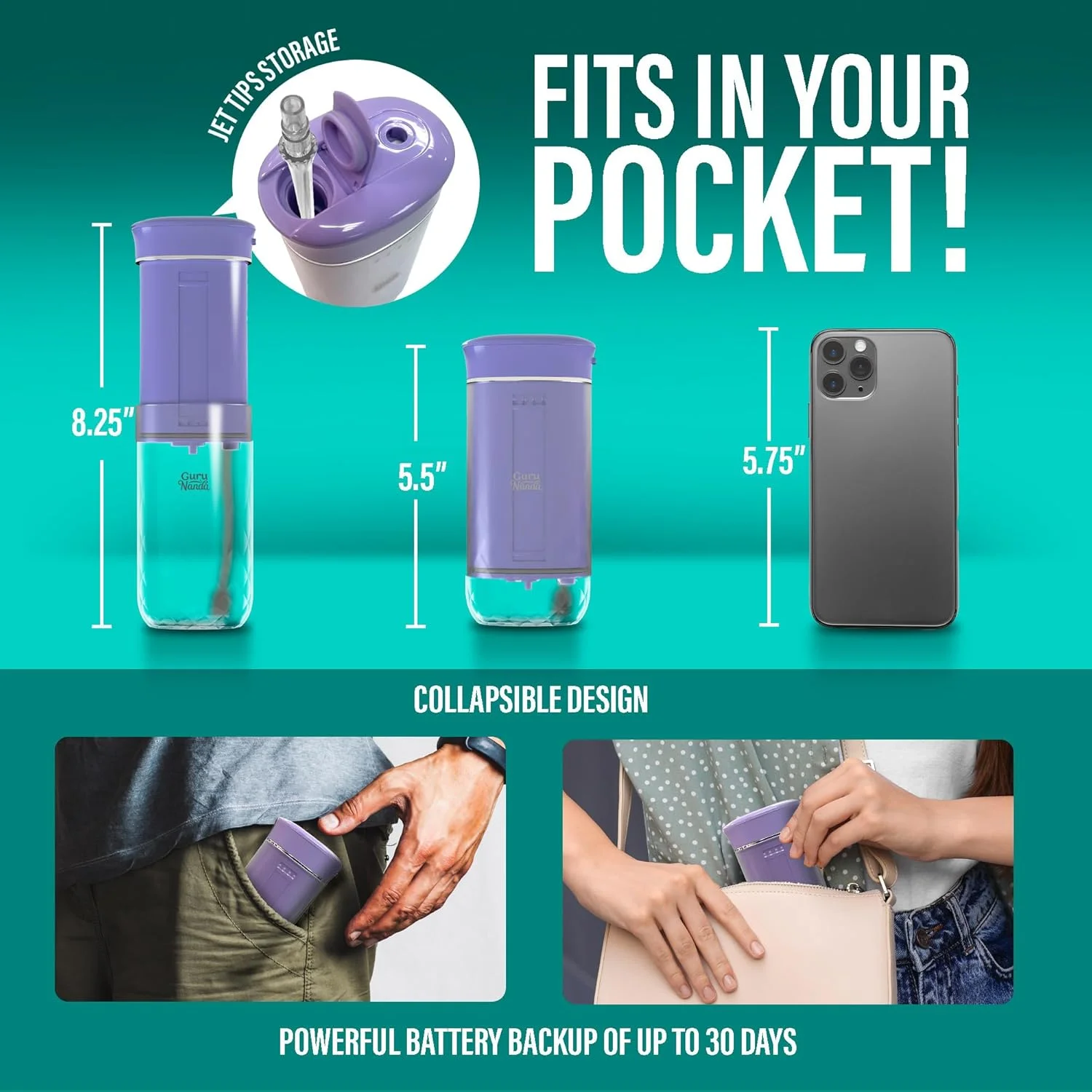 واتر فلاسر دندان GuruNanda جمع و جور، سایز مسافرتی قابل حمل، دارای مخزن تاشو 180 میلی لیتری، تایمر هوشمند، 4 حالت نخ دندان کشی - اسطوخودوس واتر فلاسر دندان GuruNanda جمع و جور، سایز مسافرتی قابل حمل، دارای مخزن تاشو 180 میلی لیتری، تایمر هوشمند، 4 حالت نخ دندان کشی - اسطوخودوس