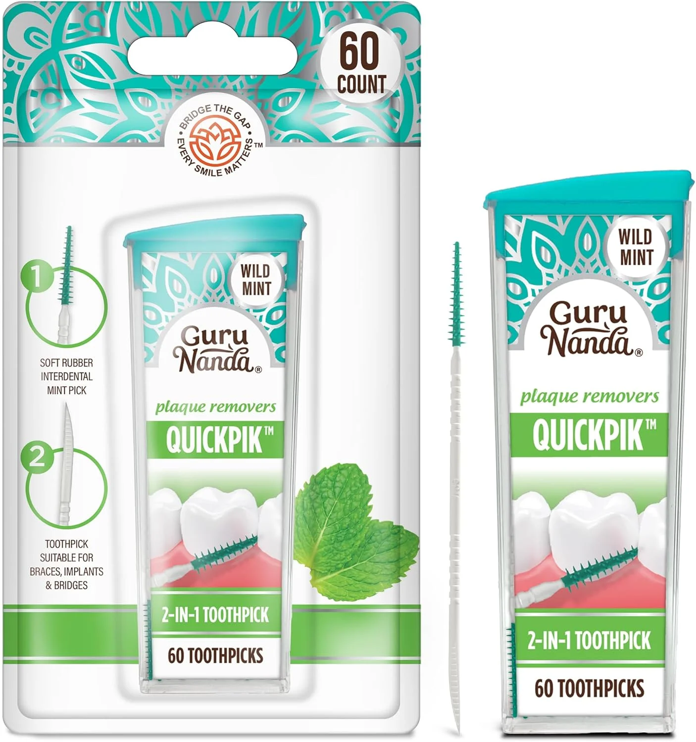 خلال دندان و برس بین دندانی 2 در 1 GuruNanda - دارای برس های لاستیکی نرم برای از بین بردن پلاک و بهبود بهداشت دهان و دندان، همراه با یک جعبه مسافرتی برای استفاده در حال حرکت، 60 عدد