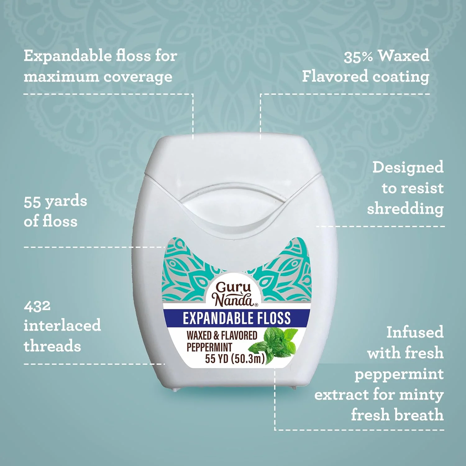 نخ دندان موم دار منبسط شونده GuruNanda برای تمیز کردن ملایم و عمیق دندان های پهن - طعم نعناع - 50 متر نخ دندان موم دار منبسط شونده GuruNanda برای تمیز کردن ملایم و عمیق دندان های پهن - طعم نعناع - 50 متر