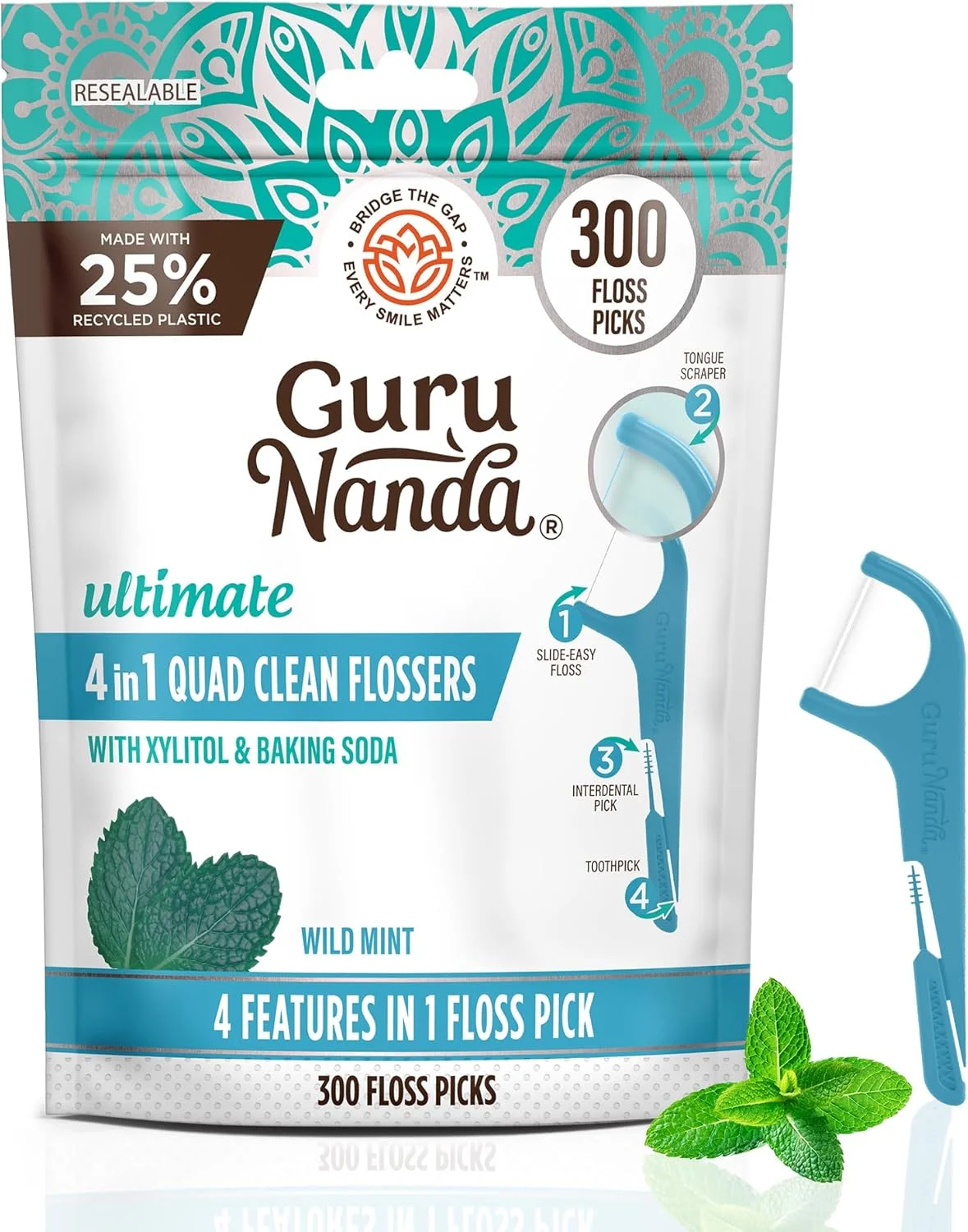 خلال دندان 4 در 1 GuruNanda Quad Clean با اسکراپر زبان، پیک بین دندانی و خلال دندان، نخ دندان Dyneema بدون ریش شدن، حاوی زایلیتول و جوش شیرین، 300 عدد