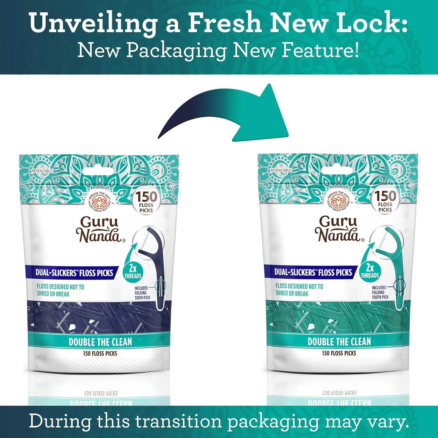 خلال دندان دو خطی GuruNanda (150 عدد) - نخ دندان Dyneema دو رشته ای با سر زاویه دار برای حذف موثر پلاک - مناسب برای بزرگسالان و کودکان - بدون طعم