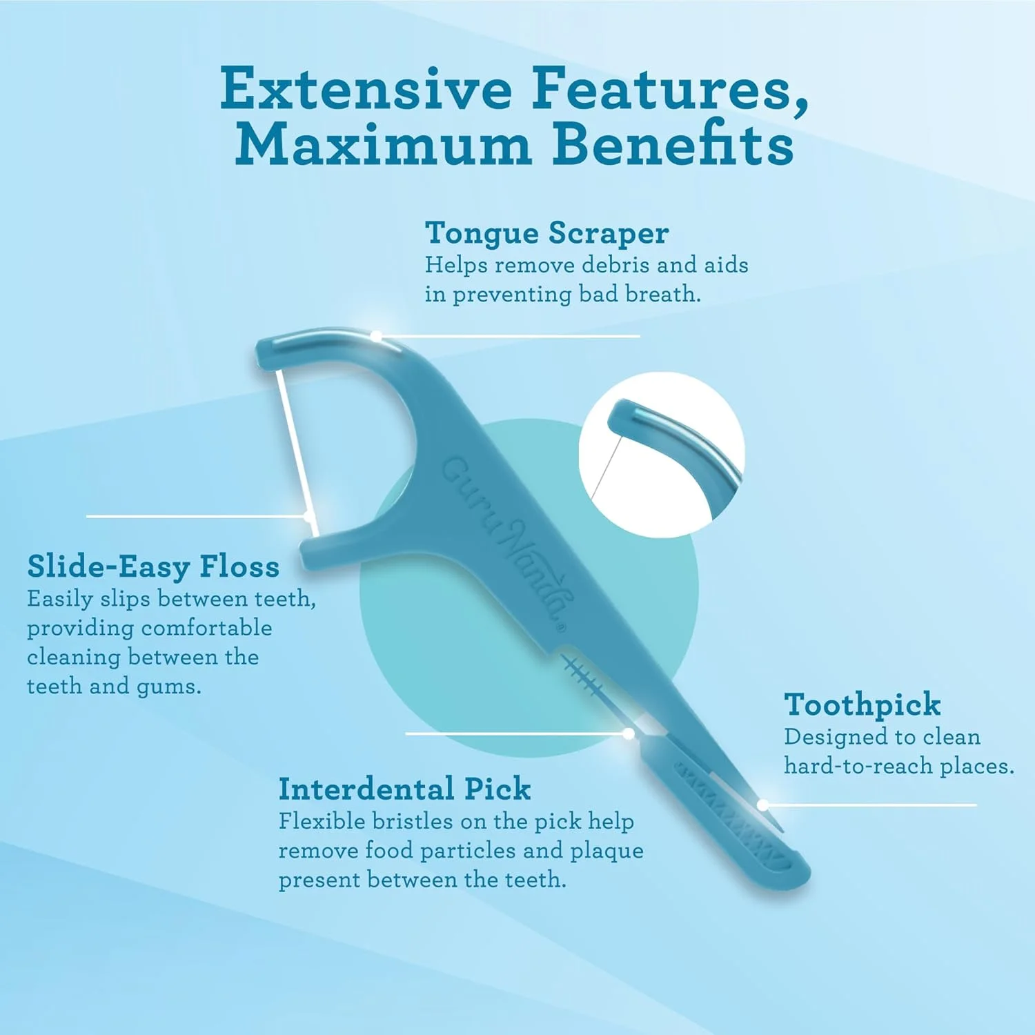 خلال دندان 4 در 1 GuruNanda Quad Clean با اسکراپر زبان، پیک بین دندانی و خلال دندان، نخ دندان Dyneema بدون ریش شدن، حاوی زایلیتول و جوش شیرین، 300 عدد