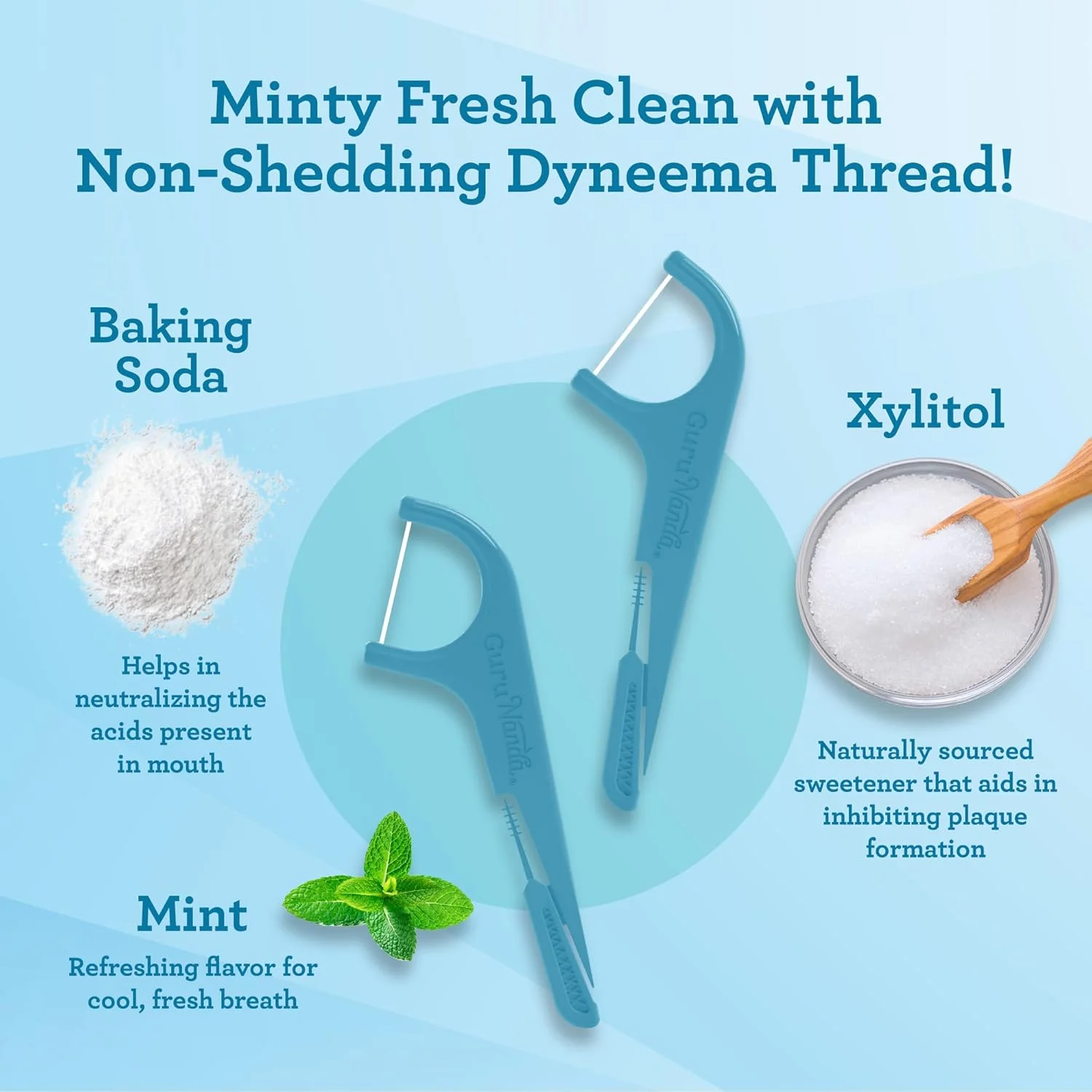 خلال دندان 4 در 1 GuruNanda Quad Clean با اسکراپر زبان، پیک بین دندانی و خلال دندان، نخ دندان Dyneema بدون ریش شدن، حاوی زایلیتول و جوش شیرین، 300 عدد