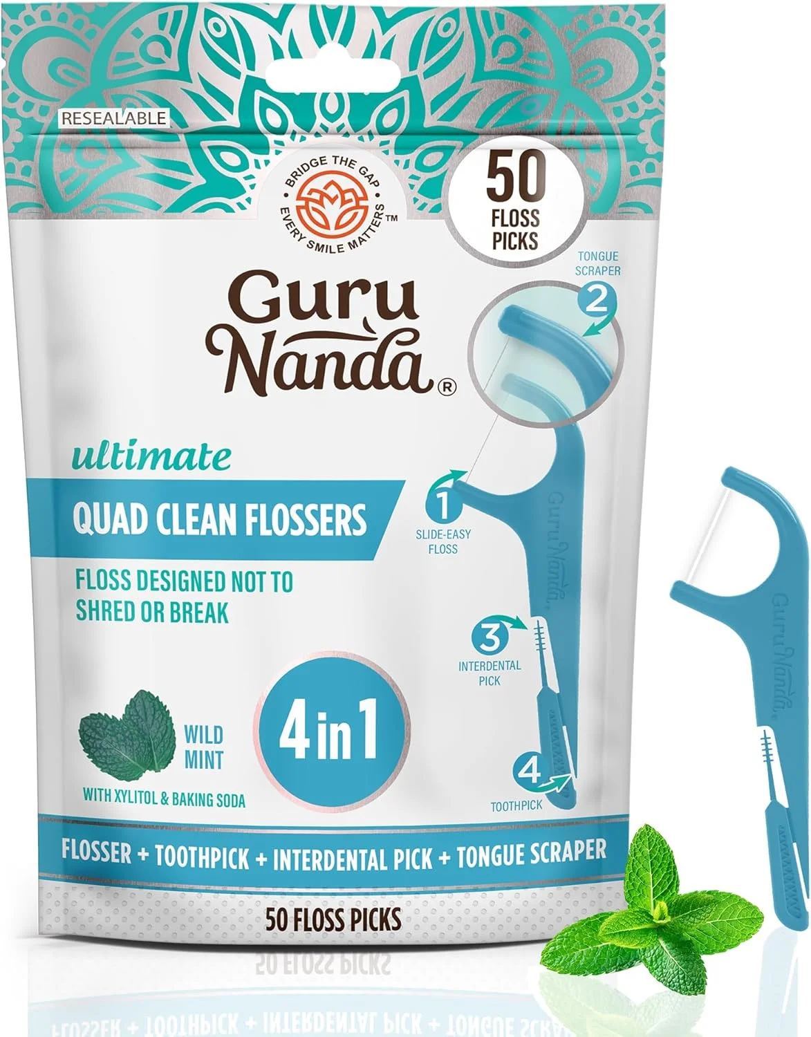 خلال دندان چهار کاره GuruNanda با اسکراپر زبان، خلال بین دندانی و خلال دندان، نخ دندان Dyneema بدون ریش شدن، حاوی زایلیتول و جوش شیرین، 50 عدد