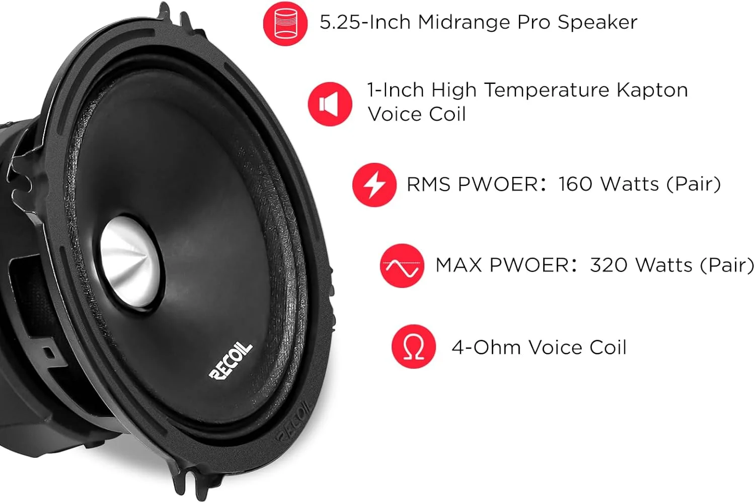 بلندگوهای میان رده 5.25 اینچی خودرو RECOIL MS525-4P، حداکثر توان 320 وات، توان اسمی 160 وات، 4 اهم، سیم پیچ صوتی کاپتون با دمای بالا 1.0 اینچی، بلندگوهای درب خودرو با کیفیت عالی (جفت)