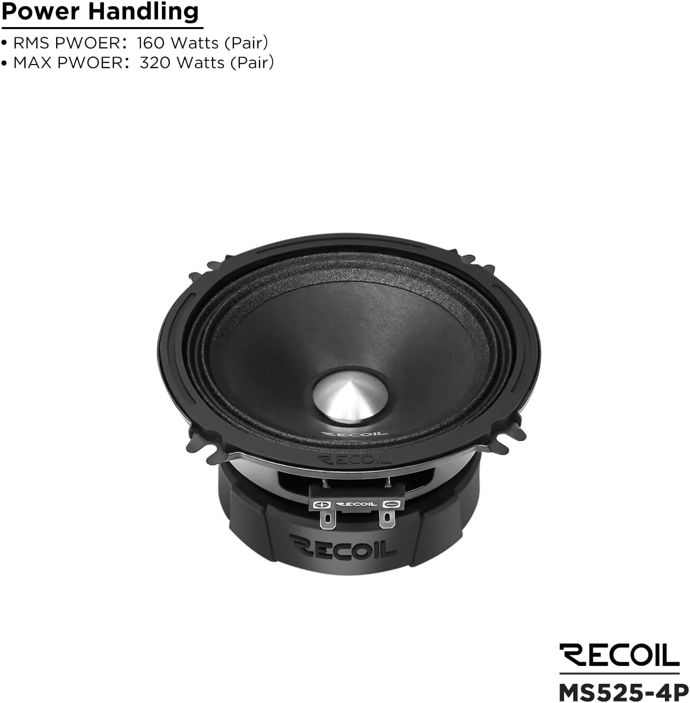 بلندگوهای میان رده 5.25 اینچی خودرو RECOIL MS525-4P، حداکثر توان 320 وات، توان اسمی 160 وات، 4 اهم، سیم پیچ صوتی کاپتون با دمای بالا 1.0 اینچی، بلندگوهای درب خودرو با کیفیت عالی (جفت)