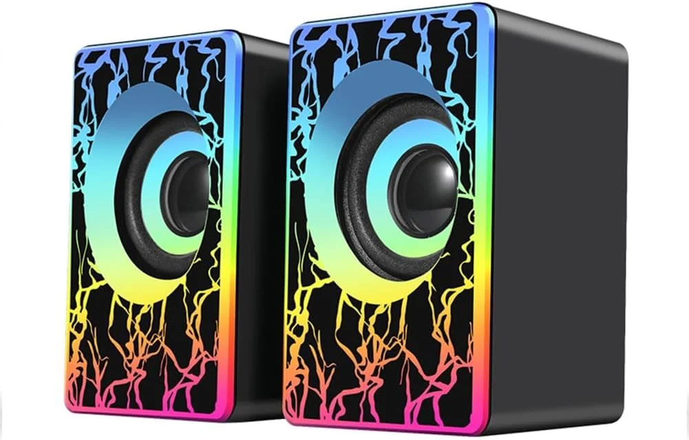 اسپیکر کامپیوتر KASTWAVE، اسپیکرهای RGB برای کامپیوتر رومیزی، اسپیکرهای گیمینگ قابل حمل 2.0 با تغذیه USB با نور LED رنگارنگ، ساندبار اسپیکر چند رسانه ای کوچک با ورودی Aux 3.5 میلی متری برای مانیتورهای تلویزیون لپ تاپ