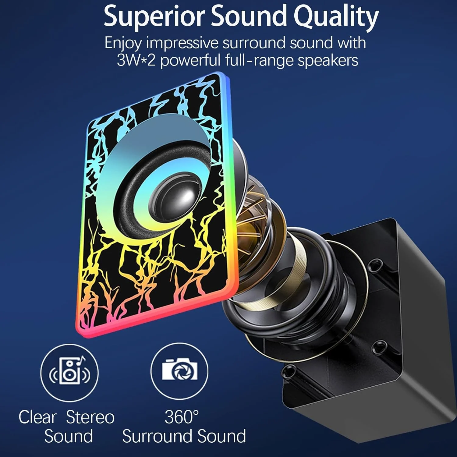 اسپیکر کامپیوتر KASTWAVE، اسپیکرهای RGB برای کامپیوتر رومیزی، اسپیکرهای گیمینگ قابل حمل 2.0 با تغذیه USB با نور LED رنگارنگ، ساندبار اسپیکر چند رسانه ای کوچک با ورودی Aux 3.5 میلی متری برای مانیتورهای تلویزیون لپ تاپ