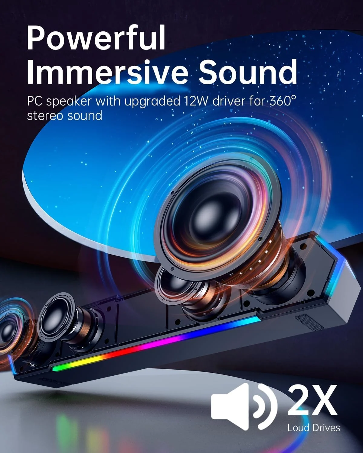 اسپیکر ساندبار نورپردازی RGB کاست ویو مدل V30، اسپیکر گیمینگ RGB قابل حمل، تغذیه از طریق USB، ورودی AUX 3.5 میلی متری، پد لمسی و کنترل صدا، مناسب برای کامپیوتر، لپ تاپ، تلفن هوشمند، تبلت