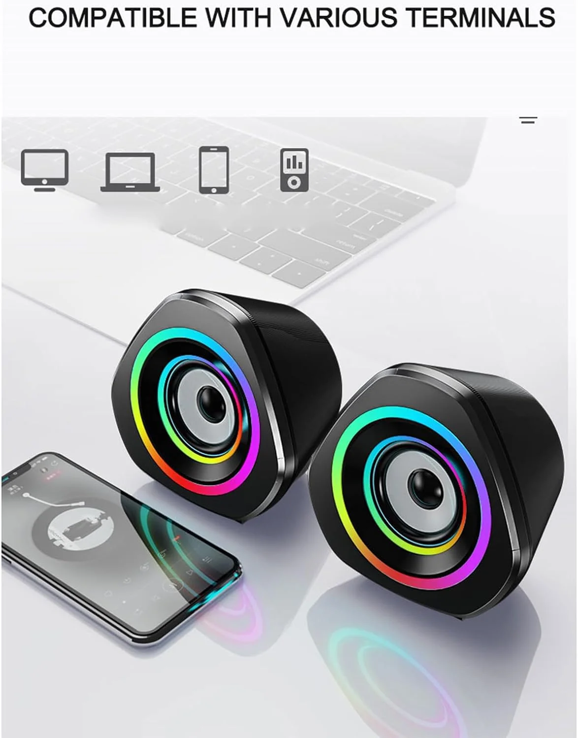 ست اسپیکر خانگی Irovami، اسپیکرهای کامپیوتر رومیزی، اسپیکرهای سیمی 3.5 میلی متری لپ تاپ، جعبه صدای تغذیه شده با USB با چراغ های RGB ست اسپیکر خانگی Irovami، اسپیکرهای کامپیوتر رومیزی، اسپیکرهای سیمی 3.5 میلی متری لپ تاپ، جعبه صدای تغذیه شده با USB با چراغ های RGB