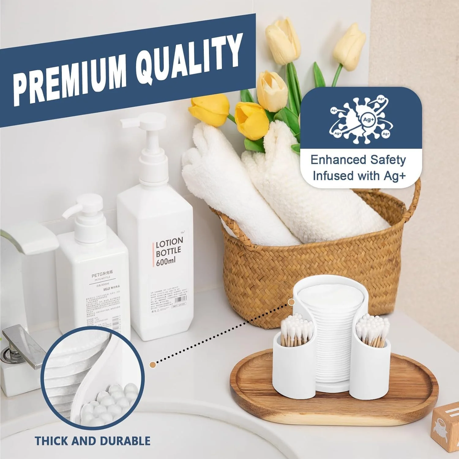 جا پدی پنبه ای و نگهدارنده نخ دندان، سازمان دهنده لوازم بهداشتی برای پدهای پنبه ای، گوش پاک کن، لیوان کاغذی و نخ دندان، سازمان دهنده آرایشی رومیزی (سفید)