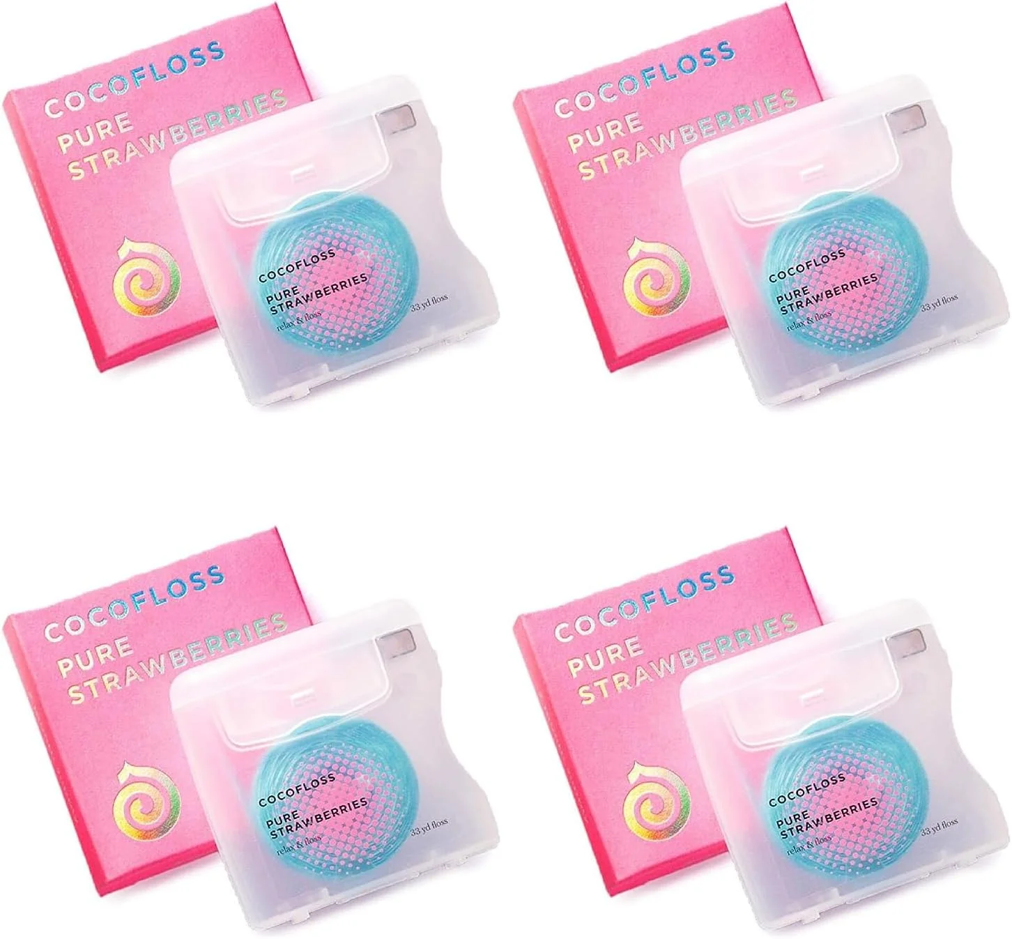 نخ دندان بافته شده آغشته به روغن نارگیل کوکوفلوس | توت فرنگی | طراحی شده توسط دندانپزشکان | وگان و بدون تست حیوانی | 8 ماه تامین (32 یارد x 4 واحد)