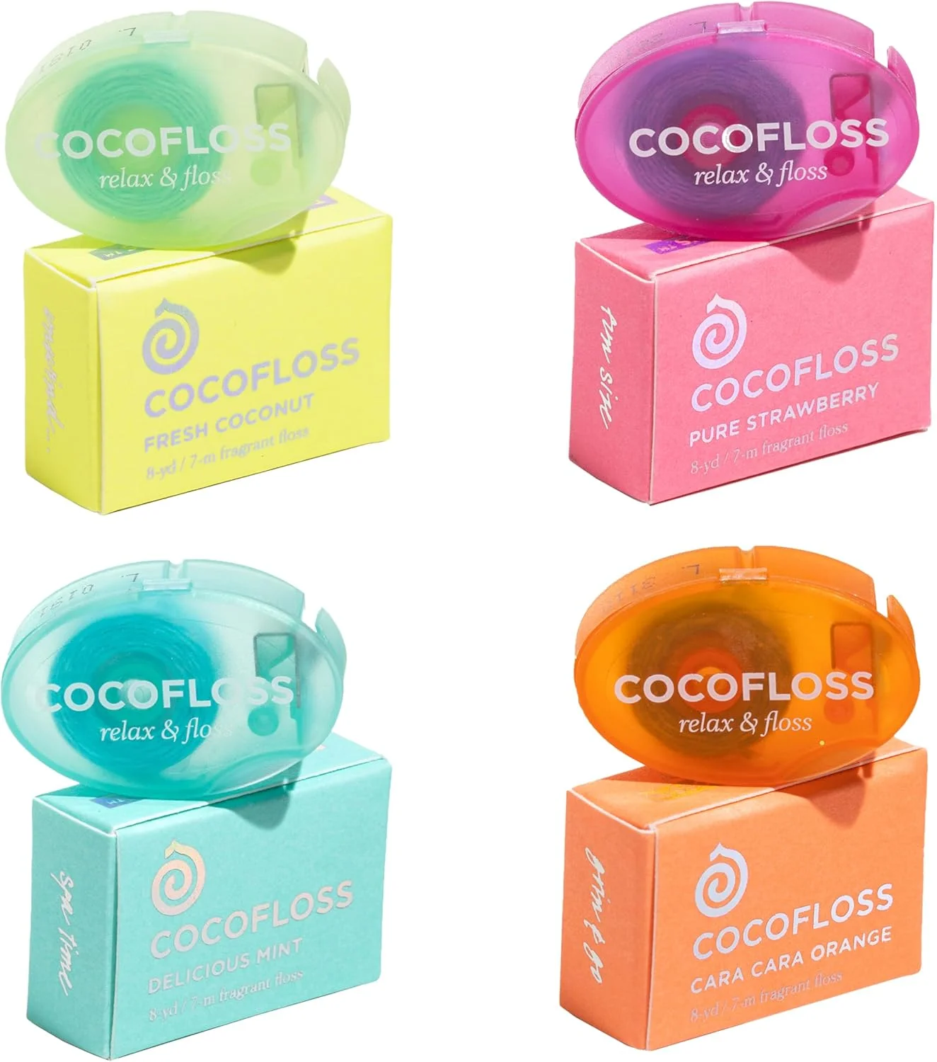 نخ دندان بافته شده Cocofloss، نمونه مسافرتی، مراقبت از دهان و دندان طراحی شده توسط دندانپزشک با روغن نارگیل، وکس شده، وگان، مناسب برای کودکان، 4 عدد مینی در نعناع، نارگیل، پرتقال، توت فرنگی (8 یارد هر کدام)