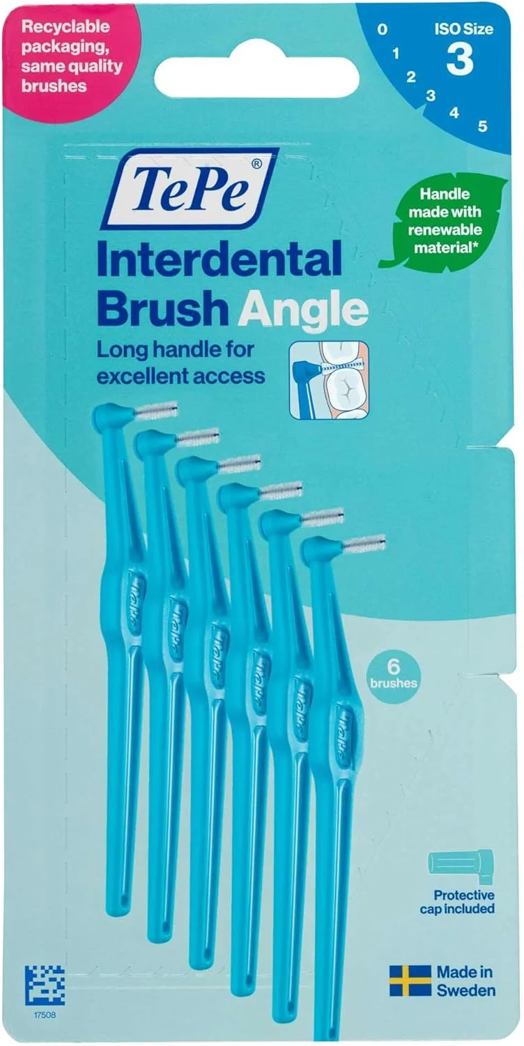 برس بین دندانی زاویه دار TePe، آبی، 0.6 میلی متر/ISO 3، 6 عدد، از بین برنده پلاک، تمیز کردن آسان و موثر بین دندان ها، نخ دندان برای فضاهای کوچک، بسته کارتنی