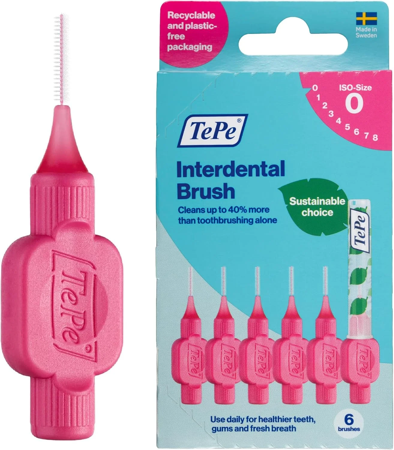 برس بین دندانی اورجینال TePe، برس نرم دندان برای تمیز کردن دندان ها، بسته 6 عددی، 0.40 میلی متر، فضاهای خیلی کوچک/کوچک، صورتی، سایز 0